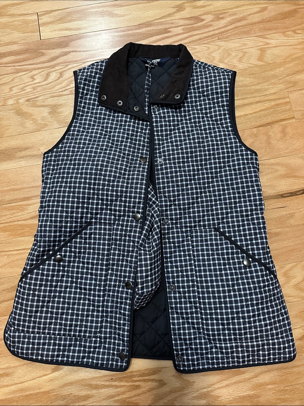Lands' End Navy and White Quilted Plaid Vest
